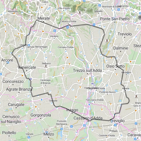Miniatura mapy "Trasa przez Bellinzago Lombardo, Caponago, Robbiate, Monte Robbio i Bonate Sopra" - trasy rowerowej w Lombardia, Italy. Wygenerowane przez planer tras rowerowych Tarmacs.app