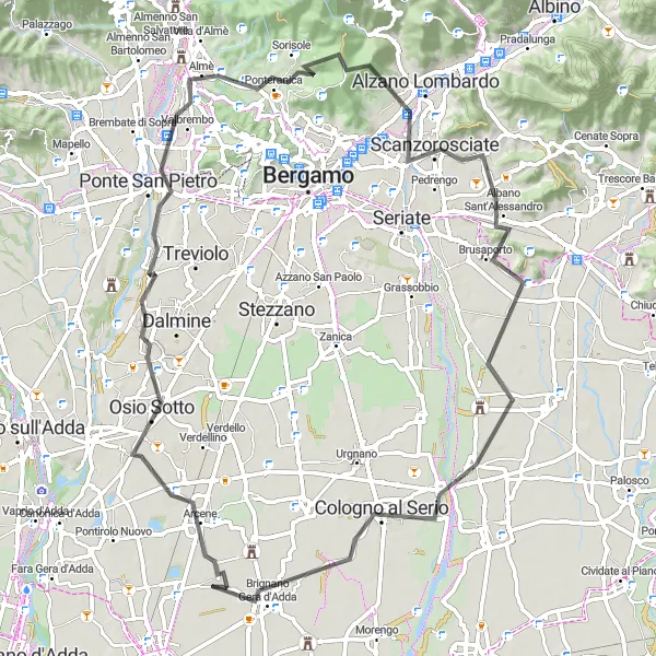 Kartminiatyr av "Utfordrende landevei til Brignano Gera d'Adda via Boltiere og Albano Sant'Alessandro" sykkelinspirasjon i Lombardia, Italy. Generert av Tarmacs.app sykkelrutoplanlegger