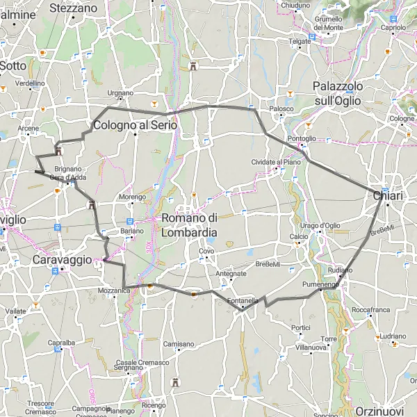 Kartminiatyr av "Rundtur til Castel Rozzone via Cologno al Serio og Brignano Gera d'Adda" sykkelinspirasjon i Lombardia, Italy. Generert av Tarmacs.app sykkelrutoplanlegger