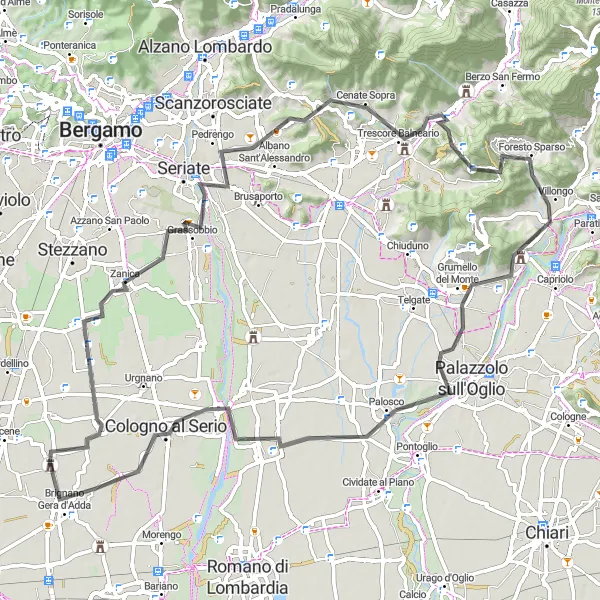 Miniatura della mappa di ispirazione al ciclismo "Il Percorso dei Colli Bergamaschi" nella regione di Lombardia, Italy. Generata da Tarmacs.app, pianificatore di rotte ciclistiche