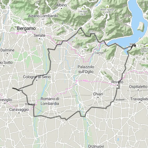 Karttaminiaatyyri "Castel Rozzone - Cologno al Serio - Bagnatica - Colle Alto o Colle San Geminiano - Valico San Giovanni delle Formiche - Villongo - Iseo - Corno del Creilì - Rovato - Pumenengo - Pagazzano - Castel Rozzone" pyöräilyinspiraatiosta alueella Lombardia, Italy. Luotu Tarmacs.app pyöräilyreittisuunnittelijalla