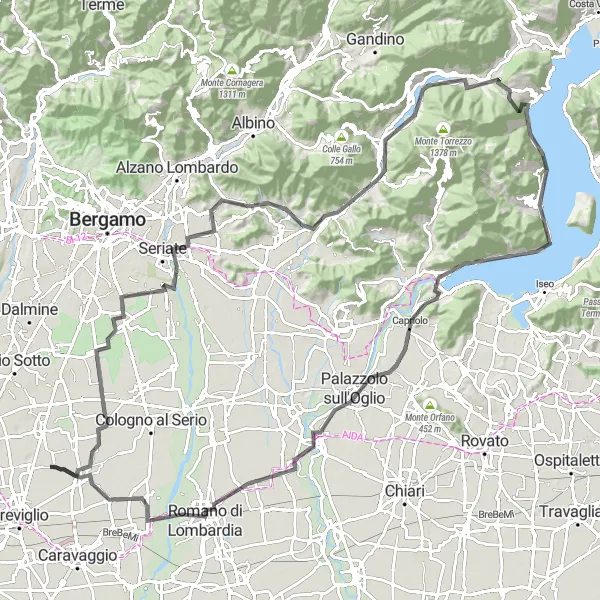 Kartminiatyr av "Rundtur fra Castel Rozzone til Romano di Lombardia" sykkelinspirasjon i Lombardia, Italy. Generert av Tarmacs.app sykkelrutoplanlegger