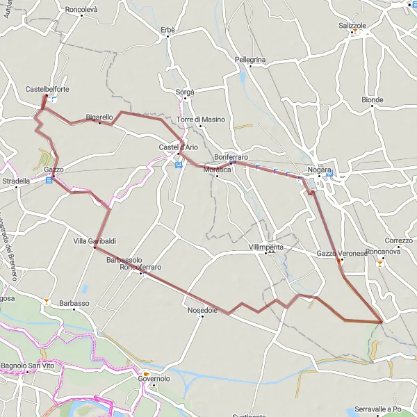 Miniature de la carte de l'inspiration cycliste "Exploration de Nogara et Gazzo" dans la Lombardia, Italy. Générée par le planificateur d'itinéraire cycliste Tarmacs.app