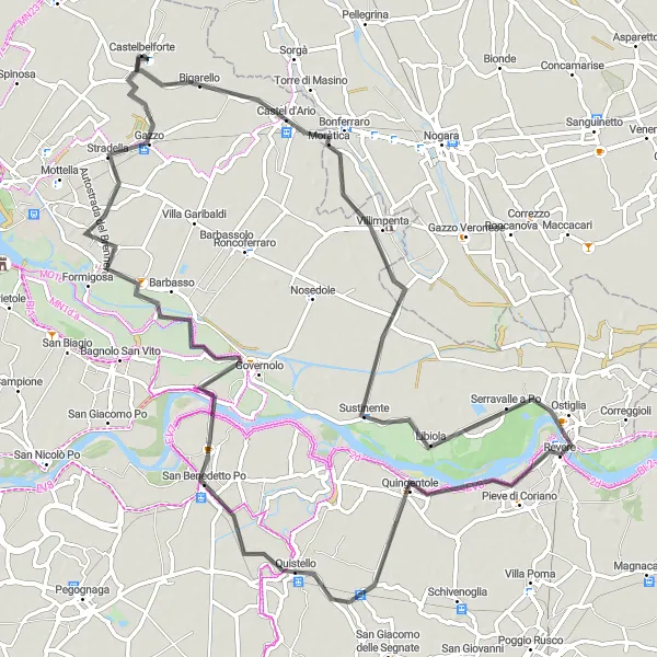 Kartminiatyr av "Runt Castelbelforte via Ostiglia och Quistello" cykelinspiration i Lombardia, Italy. Genererad av Tarmacs.app cykelruttplanerare