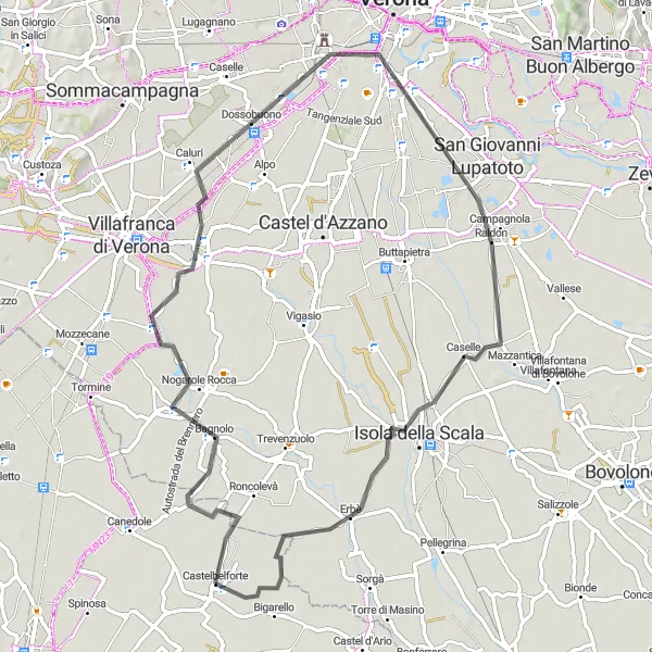Miniaturní mapa "Road Route to Nogarole Rocca" inspirace pro cyklisty v oblasti Lombardia, Italy. Vytvořeno pomocí plánovače tras Tarmacs.app