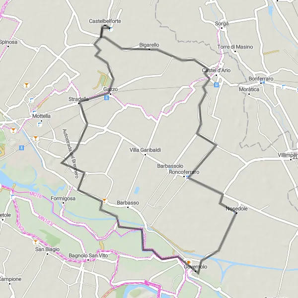 Miniatura della mappa di ispirazione al ciclismo "Giro in bicicletta intorno a Castelbelforte" nella regione di Lombardia, Italy. Generata da Tarmacs.app, pianificatore di rotte ciclistiche