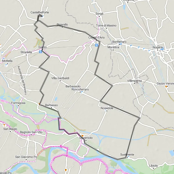 Miniatura della mappa di ispirazione al ciclismo "Itinerario Governolo-Castelbelforte" nella regione di Lombardia, Italy. Generata da Tarmacs.app, pianificatore di rotte ciclistiche