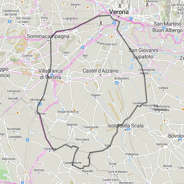 Miniatura della mappa di ispirazione al ciclismo "Giro in bicicletta attraverso Verona e Mantova" nella regione di Lombardia, Italy. Generata da Tarmacs.app, pianificatore di rotte ciclistiche