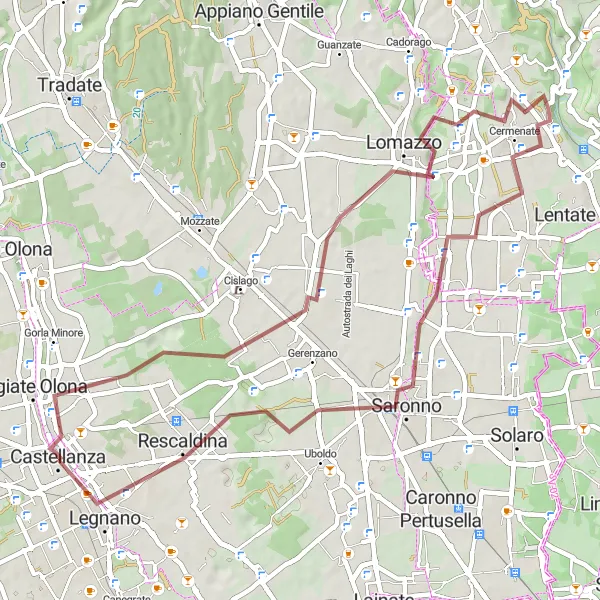 Miniatua del mapa de inspiración ciclista "Ruta de grava hacia Legnano" en Lombardia, Italy. Generado por Tarmacs.app planificador de rutas ciclistas