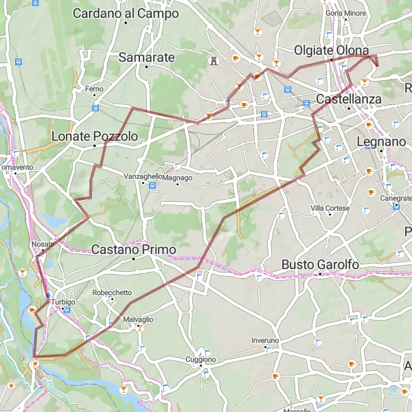 Miniaturní mapa "Gravelová cyklotrasa Castellanza - Olgiate Olona" inspirace pro cyklisty v oblasti Lombardia, Italy. Vytvořeno pomocí plánovače tras Tarmacs.app