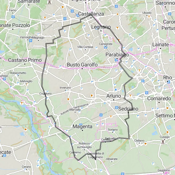 Zemljevid v pomanjšavi "Kulturna pot od Parabiaga do Castellanza" kolesarske inspiracije v Lombardia, Italy. Generirano z načrtovalcem kolesarskih poti Tarmacs.app