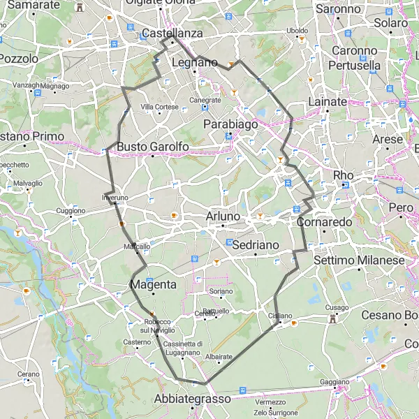 Mapa miniatúra "Okružná cyklistická trasa cez San Vittore Olona, Pregnana Milanese, Albairate, Inveruno, Dairago a Castellanza" cyklistická inšpirácia v Lombardia, Italy. Vygenerované cyklistickým plánovačom trás Tarmacs.app