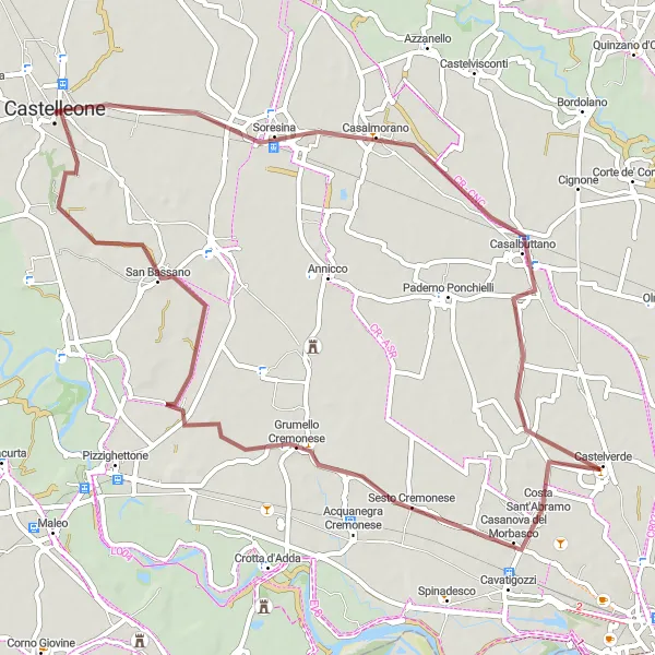 Miniaturní mapa "Gravelová cesta okolo Castelleone" inspirace pro cyklisty v oblasti Lombardia, Italy. Vytvořeno pomocí plánovače tras Tarmacs.app