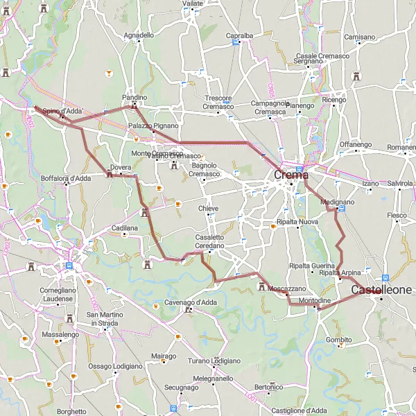 Mapa miniatúra "Gravelová cyklotrasa cez Moscazzano a Crema" cyklistická inšpirácia v Lombardia, Italy. Vygenerované cyklistickým plánovačom trás Tarmacs.app