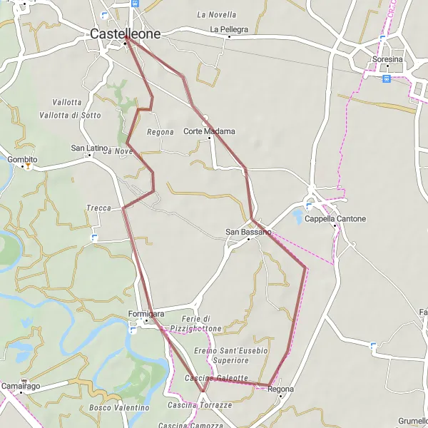 Miniatua del mapa de inspiración ciclista "Ruta Corta de Gravel desde Castelleone a San Bassano" en Lombardia, Italy. Generado por Tarmacs.app planificador de rutas ciclistas