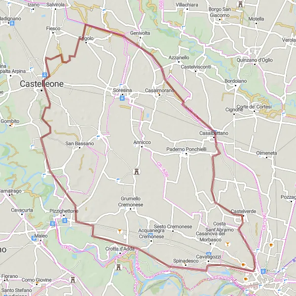 Miniatura della mappa di ispirazione al ciclismo "Giro in Gravel da Castelleone" nella regione di Lombardia, Italy. Generata da Tarmacs.app, pianificatore di rotte ciclistiche