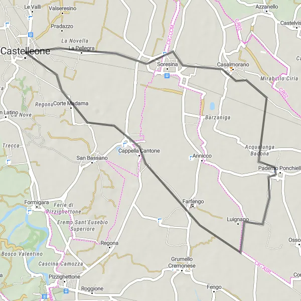 Zemljevid v pomanjšavi "Kolesarska pot okoli Castelleone - Soresina" kolesarske inspiracije v Lombardia, Italy. Generirano z načrtovalcem kolesarskih poti Tarmacs.app