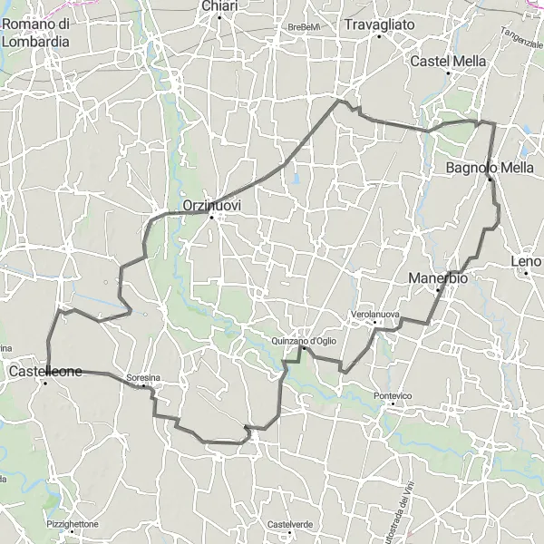 Miniatura della mappa di ispirazione al ciclismo "Itinerario da Fiesco a Poncarale" nella regione di Lombardia, Italy. Generata da Tarmacs.app, pianificatore di rotte ciclistiche