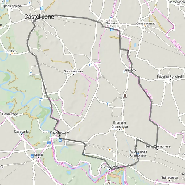 Miniatua del mapa de inspiración ciclista "Ruta de carretera a Soresina" en Lombardia, Italy. Generado por Tarmacs.app planificador de rutas ciclistas