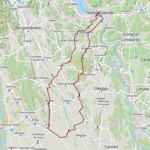 Kartminiatyr av "Grusvei fra Castelletto sopra Ticino til Sesto Calende" sykkelinspirasjon i Lombardia, Italy. Generert av Tarmacs.app sykkelrutoplanlegger