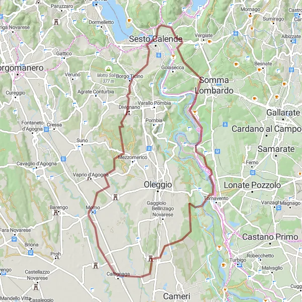 Mapa miniatúra "Gravelová jazda okolo Castelletto Sopra Ticino" cyklistická inšpirácia v Lombardia, Italy. Vygenerované cyklistickým plánovačom trás Tarmacs.app