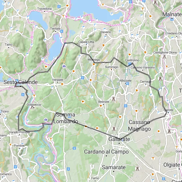 Map miniature of "Scenic Route around Castelletto Sopra Ticino" cycling inspiration in Lombardia, Italy. Generated by Tarmacs.app cycling route planner