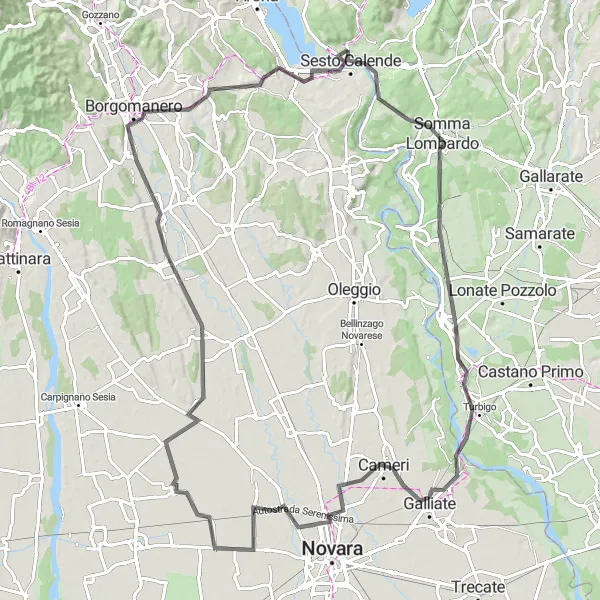 Mapa miniatúra "Sesto Calende - Fontaneto d'Agogna" cyklistická inšpirácia v Lombardia, Italy. Vygenerované cyklistickým plánovačom trás Tarmacs.app