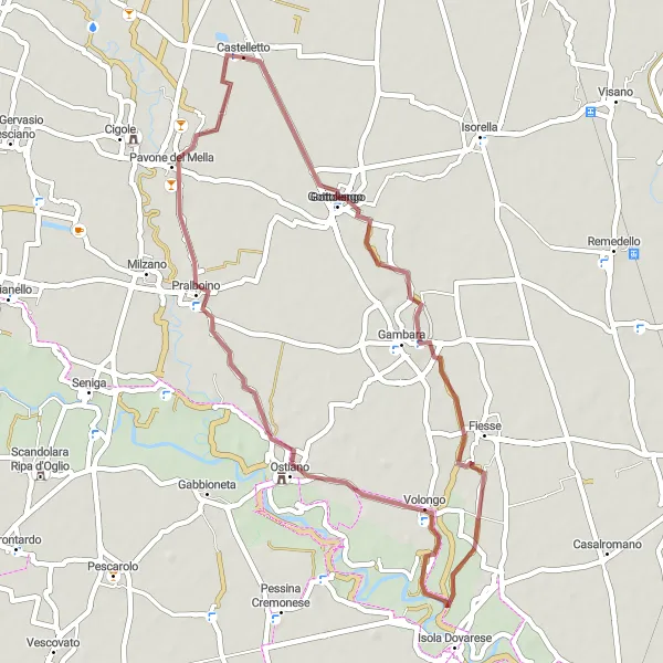 Miniatura della mappa di ispirazione al ciclismo "Cicloturismo Pavone del Mella-Ostiano" nella regione di Lombardia, Italy. Generata da Tarmacs.app, pianificatore di rotte ciclistiche