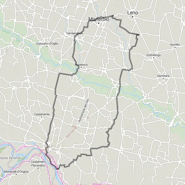 Zemljevid v pomanjšavi "Veselo kolesarjenje - Vescovato, Malagnino, attracco fluviale di Cremona, Robecco d'Oglio, Verolanuova" kolesarske inspiracije v Lombardia, Italy. Generirano z načrtovalcem kolesarskih poti Tarmacs.app