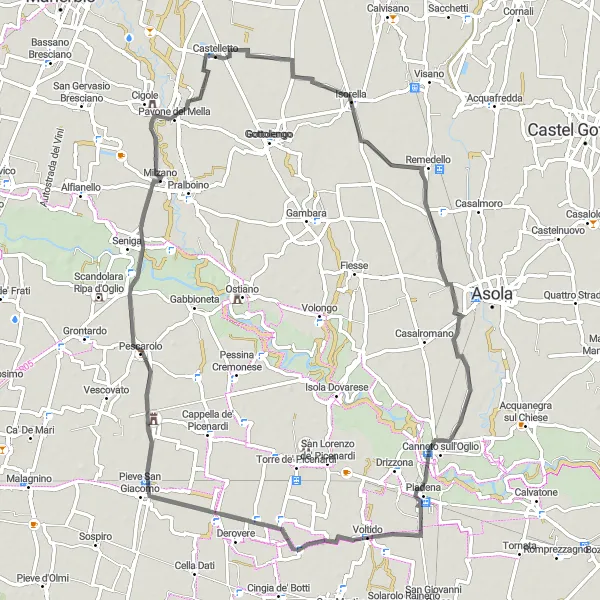 Mapa miniatúra "Okruh cez Isorellu a Castello di Canneto sull'Oglio" cyklistická inšpirácia v Lombardia, Italy. Vygenerované cyklistickým plánovačom trás Tarmacs.app