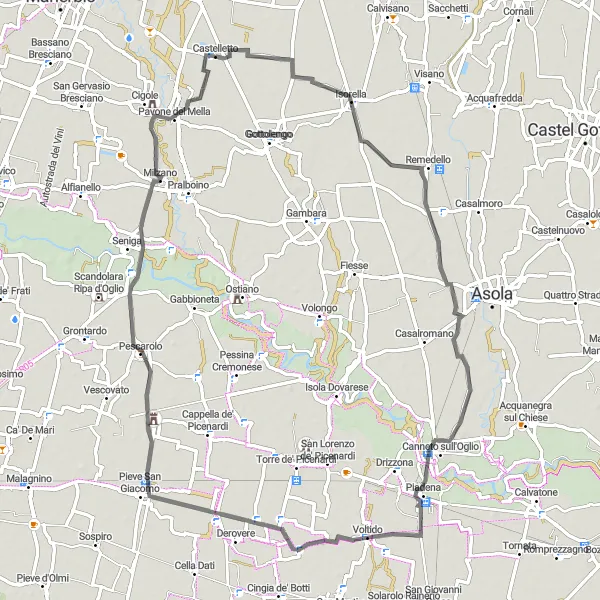 Miniatuurkaart van de fietsinspiratie "Wegroute van Castelletto naar Cicognolo" in Lombardia, Italy. Gemaakt door de Tarmacs.app fietsrouteplanner