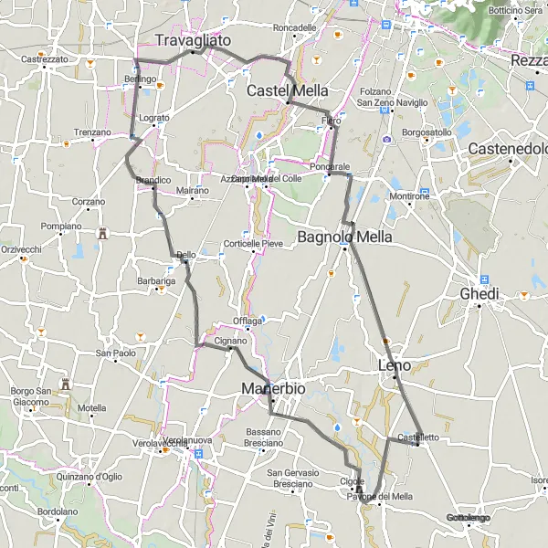 Zemljevid v pomanjšavi "Kolesarjenje v Lombardiji - Cigole, Dello, Berlingo, Flero, Bagnolo Mella" kolesarske inspiracije v Lombardia, Italy. Generirano z načrtovalcem kolesarskih poti Tarmacs.app