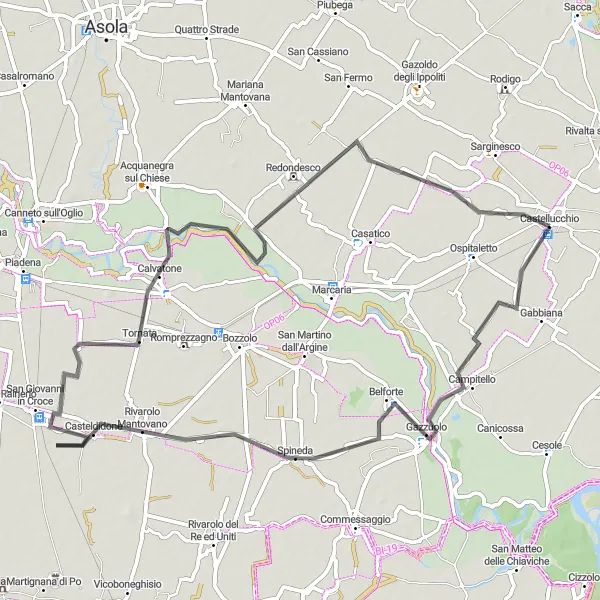 Miniatura della mappa di ispirazione al ciclismo "Giro in bicicletta da Castellucchio a Redondesco" nella regione di Lombardia, Italy. Generata da Tarmacs.app, pianificatore di rotte ciclistiche