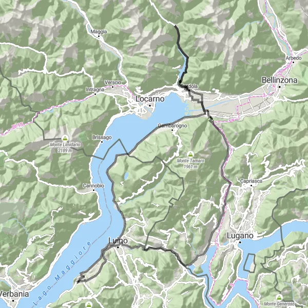 Map miniature of "The Challenge of Monte Ceneri" cycling inspiration in Lombardia, Italy. Generated by Tarmacs.app cycling route planner