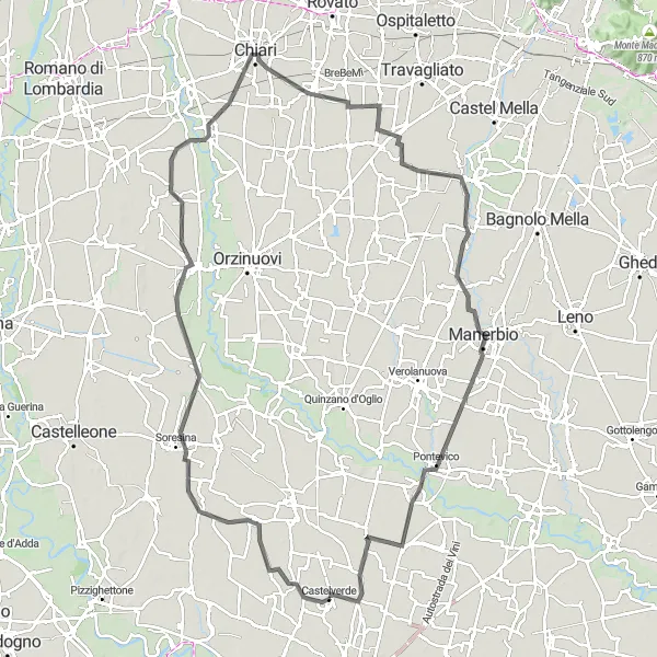 Mapa miniatúra "Cyklotrasa cez Chiari a Bassano Bresciano" cyklistická inšpirácia v Lombardia, Italy. Vygenerované cyklistickým plánovačom trás Tarmacs.app