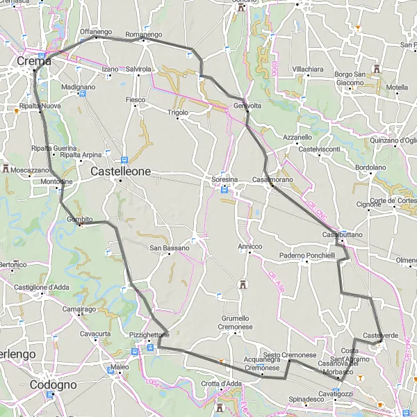 Kartminiatyr av "Rundtur til Castelverde via Crema" sykkelinspirasjon i Lombardia, Italy. Generert av Tarmacs.app sykkelrutoplanlegger