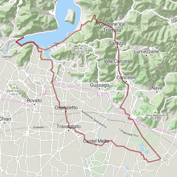 Mapa miniatúra "Gravel trasa cez Borgosatollo a Gardone Val Trompia" cyklistická inšpirácia v Lombardia, Italy. Vygenerované cyklistickým plánovačom trás Tarmacs.app