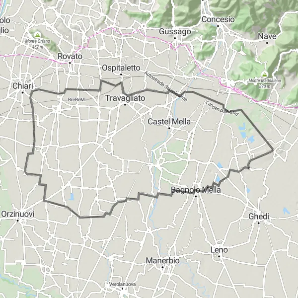 Kartminiatyr av "Runt Castenedolo: Slott och Berg" cykelinspiration i Lombardia, Italy. Genererad av Tarmacs.app cykelruttplanerare