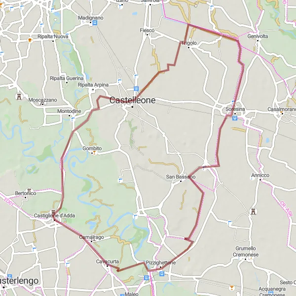 Miniaturní mapa "Gravel trasa kolem Castiglione d'Adda" inspirace pro cyklisty v oblasti Lombardia, Italy. Vytvořeno pomocí plánovače tras Tarmacs.app