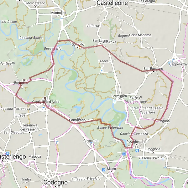 Mapa miniatúra "Gravelová cyklotrasa okolo Castiglione d'Adda" cyklistická inšpirácia v Lombardia, Italy. Vygenerované cyklistickým plánovačom trás Tarmacs.app