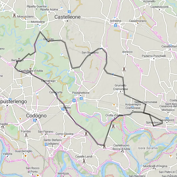 Miniatua del mapa de inspiración ciclista "Ruta de Ciclismo de Carretera de Gombito a Castiglione d'Adda" en Lombardia, Italy. Generado por Tarmacs.app planificador de rutas ciclistas