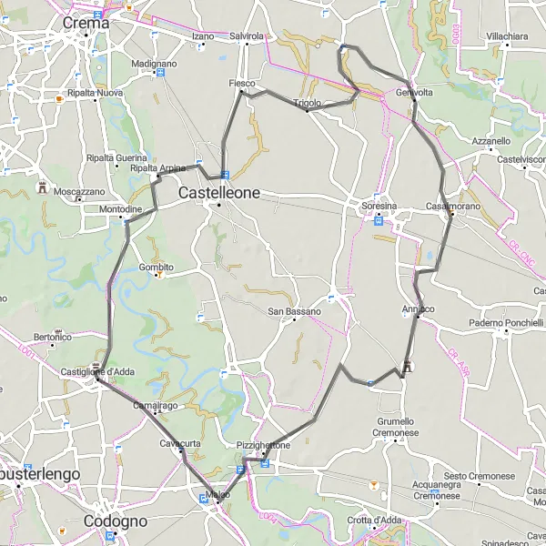Kartminiatyr av "Rundtur på landeveien fra Castiglione d'Adda" sykkelinspirasjon i Lombardia, Italy. Generert av Tarmacs.app sykkelrutoplanlegger