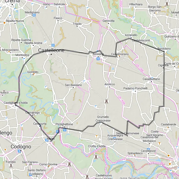 Map miniature of "Explore the Countryside to Castelvisconti" cycling inspiration in Lombardia, Italy. Generated by Tarmacs.app cycling route planner