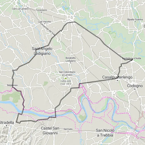 Mapa miniatúra "Historická cyklistická trasa do Castiglione d'Adda" cyklistická inšpirácia v Lombardia, Italy. Vygenerované cyklistickým plánovačom trás Tarmacs.app