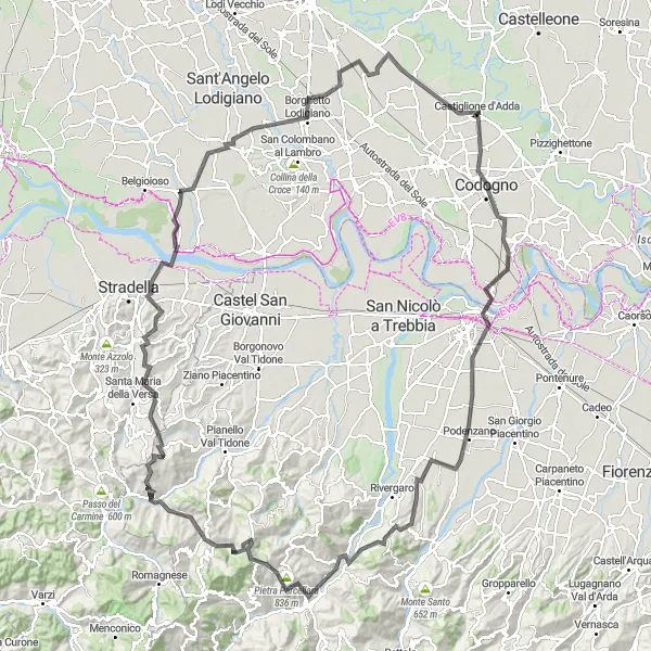 Miniatua del mapa de inspiración ciclista "Ruta de Ciclismo de Carretera de San Fiorano a Castiglione d'Adda" en Lombardia, Italy. Generado por Tarmacs.app planificador de rutas ciclistas