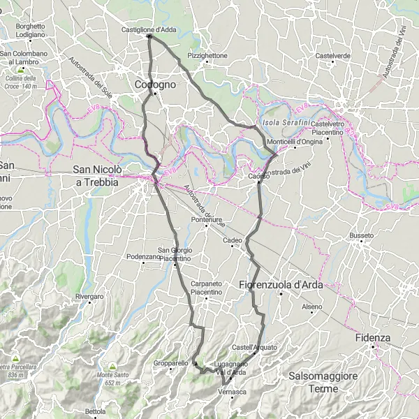 Map miniature of "The Piacenza Loop" cycling inspiration in Lombardia, Italy. Generated by Tarmacs.app cycling route planner