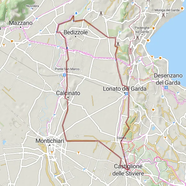 Miniatua del mapa de inspiración ciclista "Ruta de Grava por los Montes alrededor de Castiglione delle Stiviere" en Lombardia, Italy. Generado por Tarmacs.app planificador de rutas ciclistas