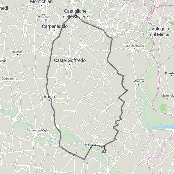 Mapa miniatúra "Cestná trasa kolo Castiglione delle Stiviere" cyklistická inšpirácia v Lombardia, Italy. Vygenerované cyklistickým plánovačom trás Tarmacs.app