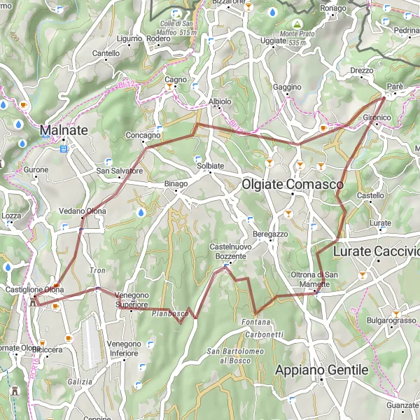 Miniatua del mapa de inspiración ciclista "Ruta de Gravel desde Castiglione Olona a Albiolo y Oltrona di San Mamette" en Lombardia, Italy. Generado por Tarmacs.app planificador de rutas ciclistas