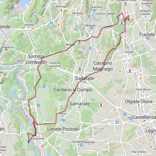 Zemljevid v pomanjšavi "Castiglione Olona - Ferno - Frutteto Gravel Adventure" kolesarske inspiracije v Lombardia, Italy. Generirano z načrtovalcem kolesarskih poti Tarmacs.app